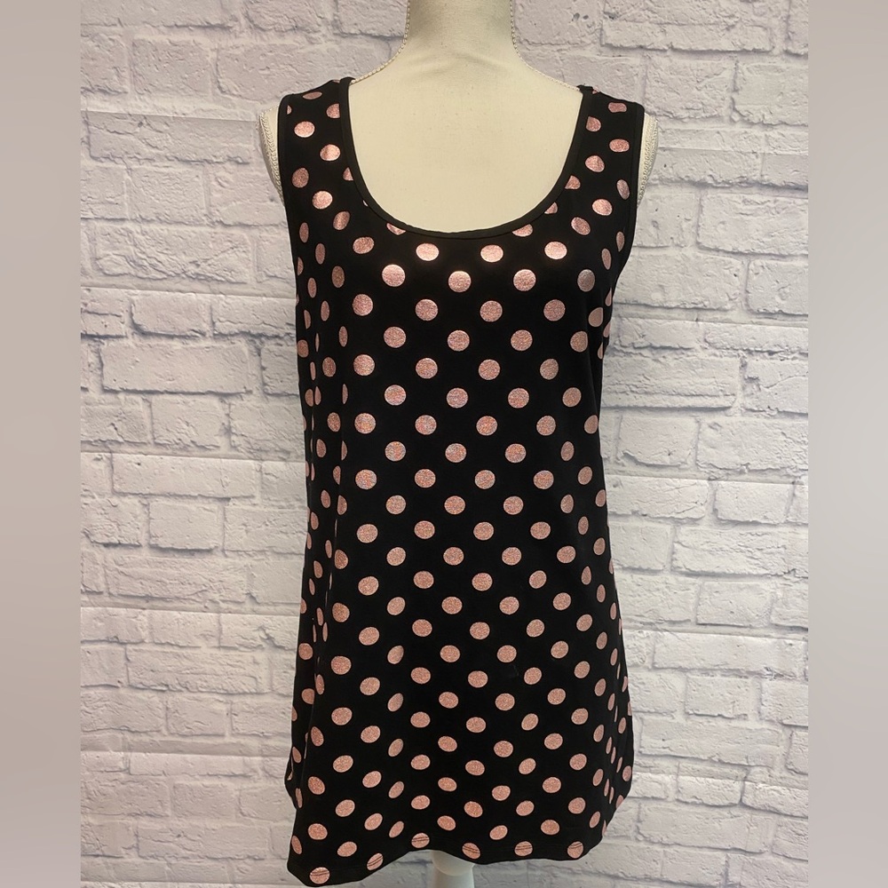 Tricotto Black and Sparkling Pink Polka Dot Long Silhouette Tank Top Sz L